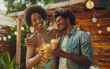 Loving diverse couple enjoying eating and drinking together