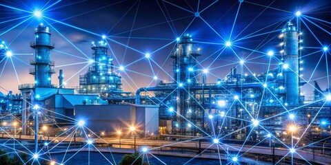 Vibrant Network of Connectivity Futuristic Industrial Complex Illuminated at Night, Technological Advancement in Blue Glowing Detail - Industry 4.0 Concept