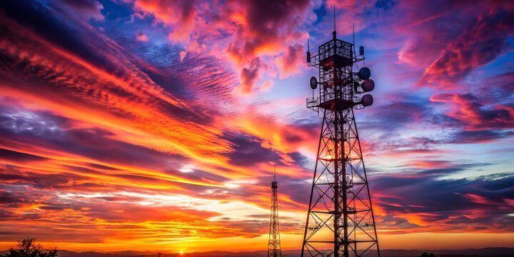 Vibrant Sunset Sky with Communication Towers Silhouetted in Dramatic Evening Landscape - Grandeur of Natures Beauty and Human Achievement