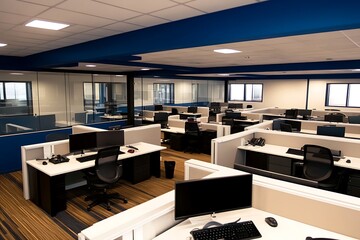 Fototapeta premium Modern Minimalistic Concrete Coworking Office room with Blank Walls, High Ceilings,and Mockup Frame