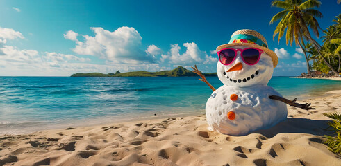 AI-generated images of snowman escaping winter with a tropical vacation