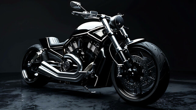A powerful black motorcycle is parked in a dark room. The bike is sleek and shiny, and it looks like it is ready to ride.