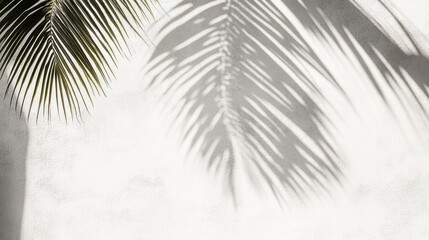 Obraz premium Palm tree shadow on a white wall, sunlight casting intricate patterns, tropical and serene vibe