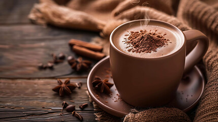 Hot chocolate in a brown cup on a saucer. The cup is surrounded by spices, including cinnamon...