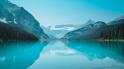 Fototapeta premium This is a beautiful landscape image of a lake and mountains. The water is a crystal clear blue and the mountains are covered in snow.