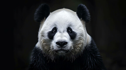A giant panda bear with black and white fur is looking straight at the camera. The background is blurred and dark.