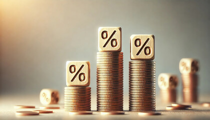 three columns of coins with percentage cubes