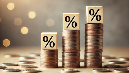 three columns of coins with percentage cubes
