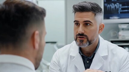 A doctor in a white coat consults a patient about health concerns and treatment options in a modern, well-equipped office, fostering a supportive atmosphere.