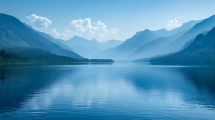 Obraz premium This is a beautiful landscape image of a lake and mountains. The water is a deep blue color and the sky is light blue.