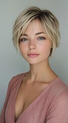 A young woman with short blonde hair poses in a light pink shirt against a neutral background