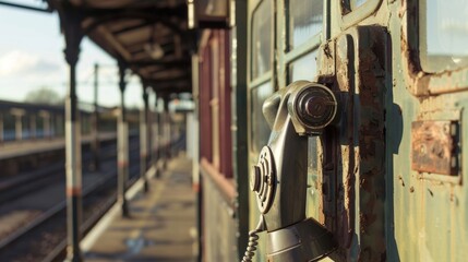 Old rotary phone is hanging on the exterior wall of a train station, evoking a sense of nostalgia for a bygone era of communication