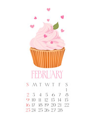 Calendar for February 2025. Cake with hearts. Delicate illustration for Valentine's Day. Vector