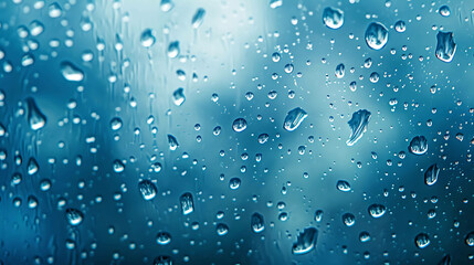 Raindrops on window with blue background. The image is calming and serene, and the perfect backdrop for a relaxing moment.