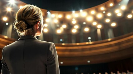 A woman stands on stage in front of a large audience