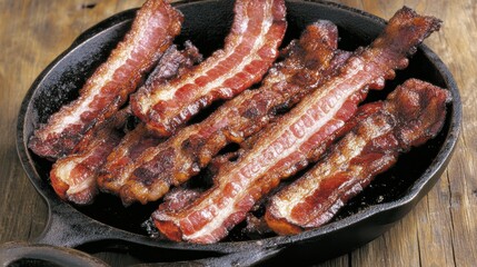 Juicy bacon sizzles in a cast-iron skillet, its aroma filling the air, as it crisps to perfection on a rustic wooden table, evoking warmth and home.