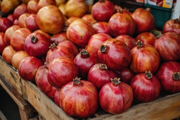 Juicy Pomegranate at Local Market Stall. Fresh Harvest of Ripe Organic Fruit on Display