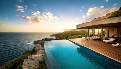 Fototapeta premium An expansive seaside infinity pool within a luxurious estate, perched on a cliff, presenting