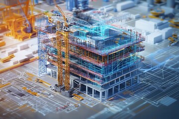 Illustration showcasing digital construction concepts through building information modeling, featuring 3D visuals and blueprints.
