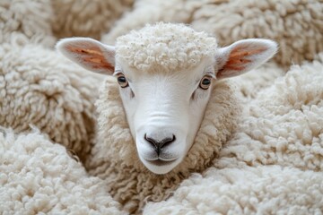 Naklejka premium A close up of a young lamb looking curiously at the camera against a plain background