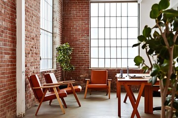 Obraz premium Modern Minimalistic Concrete Coworking Office room with Blank Walls, High Ceilings,and Mockup Frame