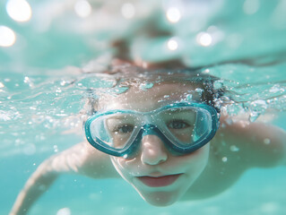 Underwater Child Swimming with Goggles and Bubbles in Pool