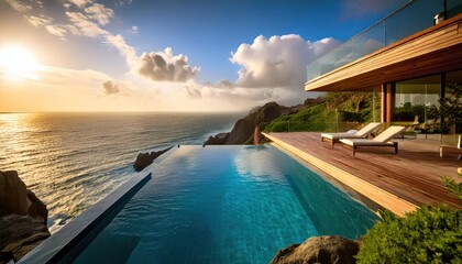 Fototapeta premium An expansive seaside infinity pool within a luxurious estate, perched on a cliff, presenting