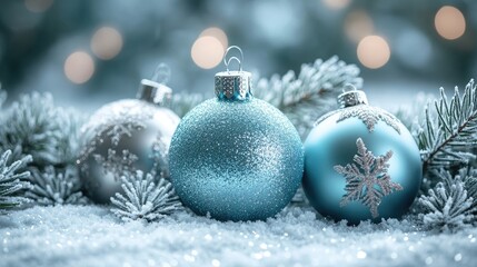 Magical Winter Wonderland with Glittery Ornaments, Snowflakes, and Frosted Pine Branches in Blue and Silver Tones, Perfect for Holiday Greetings and Elegant Seasonal Design