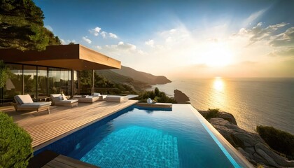 Fototapeta premium An expansive seaside infinity pool within a luxurious estate, perched on a cliff, presenting