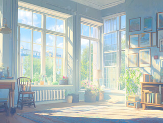 Sunlit Room Interior with Large Windows Plants Bookshelves and Pictures