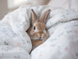 Cute Bunny Peeking Out of Bedding with Floral Pattern