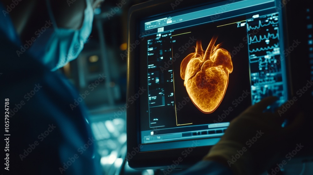 Poster a healthcare worker analyzes a vibrant heart scan displayed on a digital monitor in a clinical envir