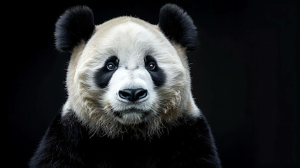 Obraz premium A close-up of a panda's face. The panda is looking at the camera with its big, round eyes. Its fur is black and white, and its nose is pink.