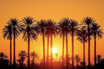 Sunset silhouette of a palm tree against a vibrant orange sky during twilight hours
