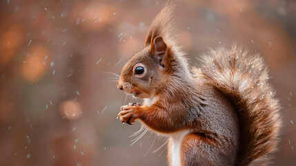 Obraz premium A curious squirrel perches on a tree branch, its bright eyes scanning the forest floor for food.