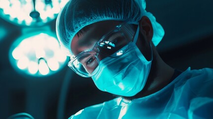 A focused surgeon, equipped with a surgical mask and protective eyewear, meticulously conducts an operation