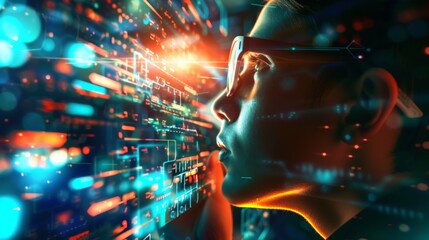 Person viewing digital data on immersive screen interface