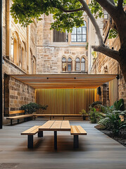 Fototapeta premium a span of wooden slats carved into the middle of an old historic building, creating a relaxing square space