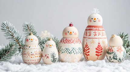 Christmas nesting dolls with holiday patterns isolated on a soft white background, with tiny snowflakes and fir twigs