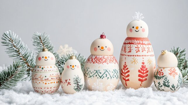 Christmas nesting dolls with holiday patterns isolated on a soft white background, with tiny snowflakes and fir twigs