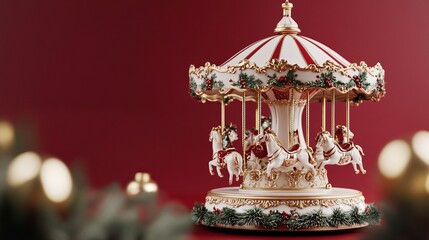 Fototapeta premium Classic porcelain Christmas carousel isolated on a muted red background, with intricate gold details and wreaths