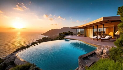 Fototapeta premium An expansive seaside infinity pool within a luxurious estate, perched on a cliff, presenting