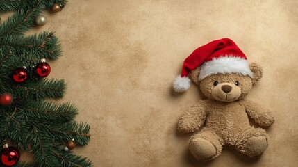 Classic teddy bear in a red Santa hat, isolated on a warm beige background, with hints of green pine needles and baubles