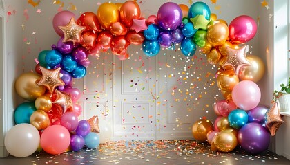 A vibrant celebration festive balloon arch with colorful decorations and confetti for a joyous event
