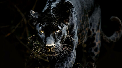 Obraz premium A black panther is a melanistic variant of the leopard and is native to Africa, Asia, and the Middle East.