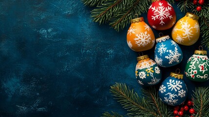 Colorful Christmas nesting dolls with snowflakes isolated on a dark blue background, with pine branches
