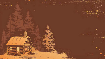 Fototapeta premium A small, cozy cabin nestled in a snowy forest. The cabin is made of wood and has a brick chimney. The forest is made up of tall, evergreen trees.