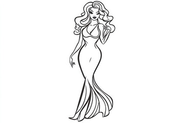 Graceful line art captures a woman in an elegant evening gown, highlighting sophistication and femininity through stylish curves and flowing dress design.