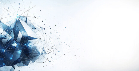 Dynamic abstract design of blue geometric shapes and connecting lines on a white background, representing data networks, technology, and digital innovation.
