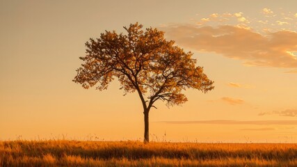 Fototapeta premium Majestic Lone Tree in Autumn Sunset - Symbol of Strength and Self-Control with Vibrant Colors Enriching the View | Ultra-Detailed Landscape Photo
